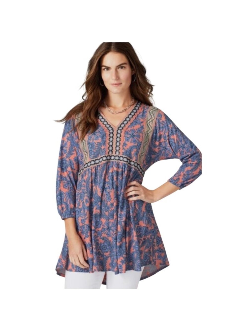 J. Jill Floral Print Tunic Embroidered Details V-Neck 3/4 Sleeves Size L Petite